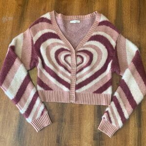 La Hearts Cardigan XS Heart Design Dusty Pink Maroon Knit Sweater Ultra Soft